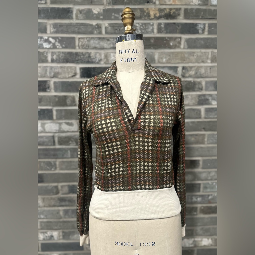 Vintage IMPULSE Plaid Knit Collared V-Neck Sweater